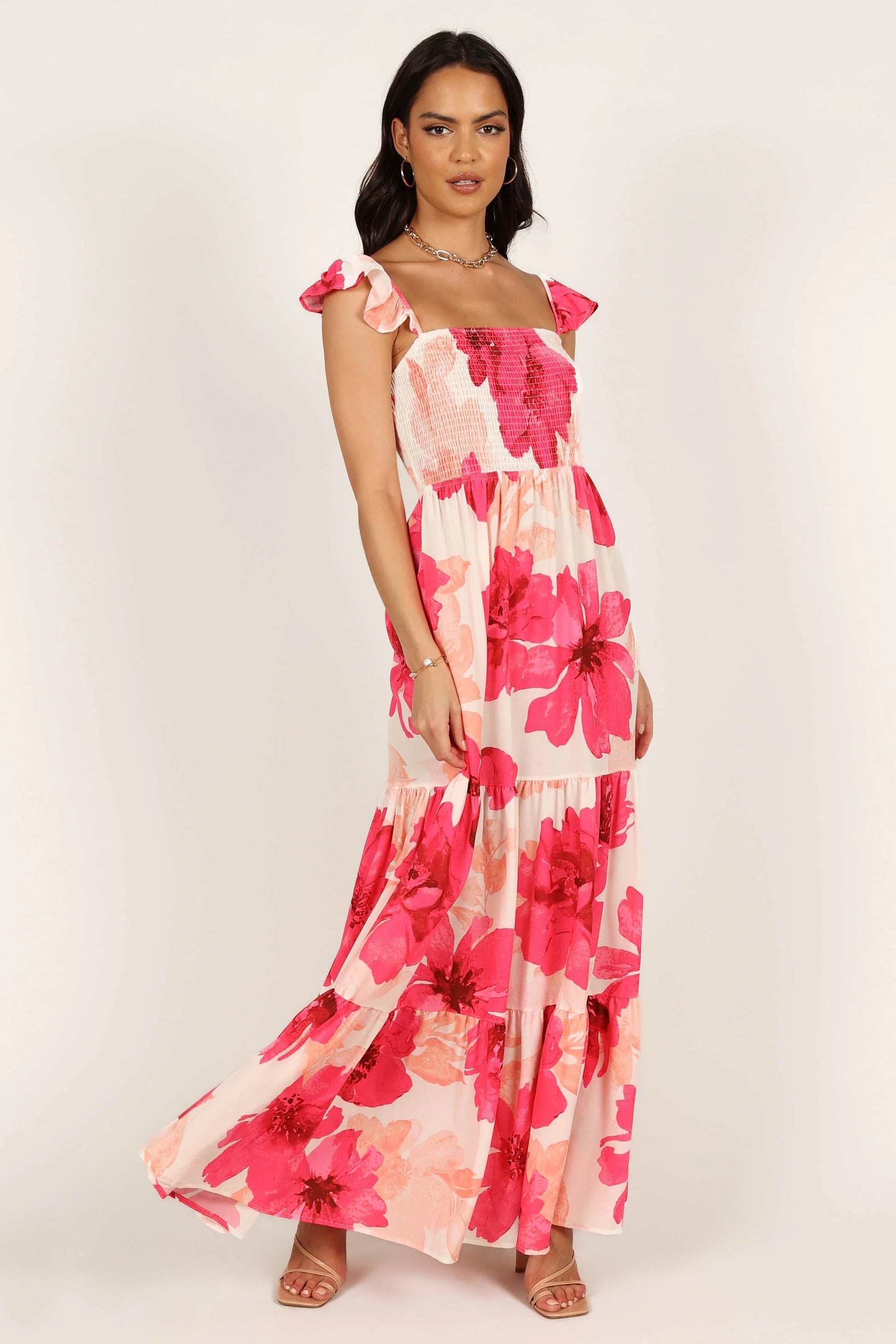 Adjustable-Strap Shirred Bodice Maxi Dress