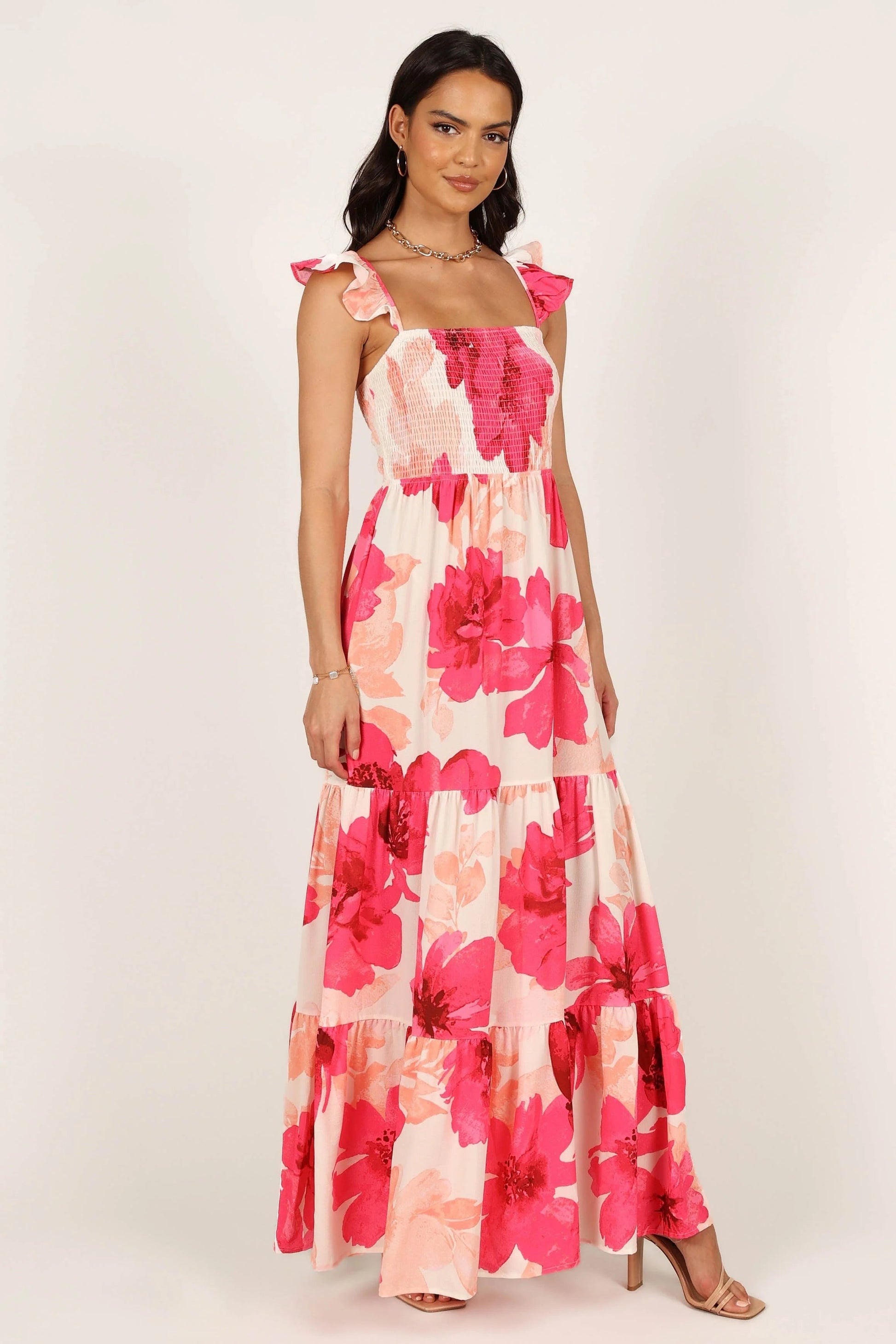 Adjustable-Strap Shirred Bodice Maxi Dress