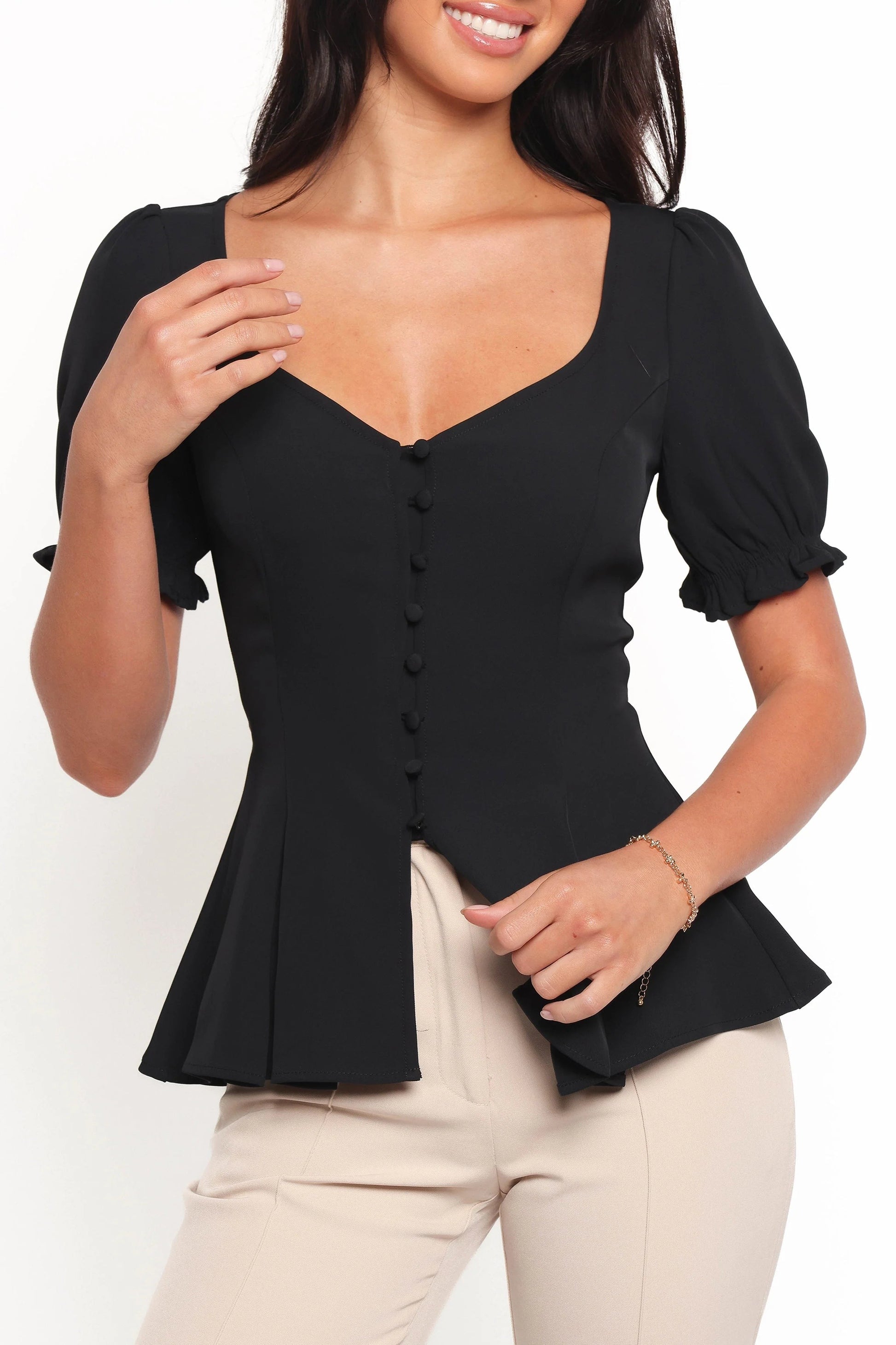 Peplum Pleat Button-Front Top