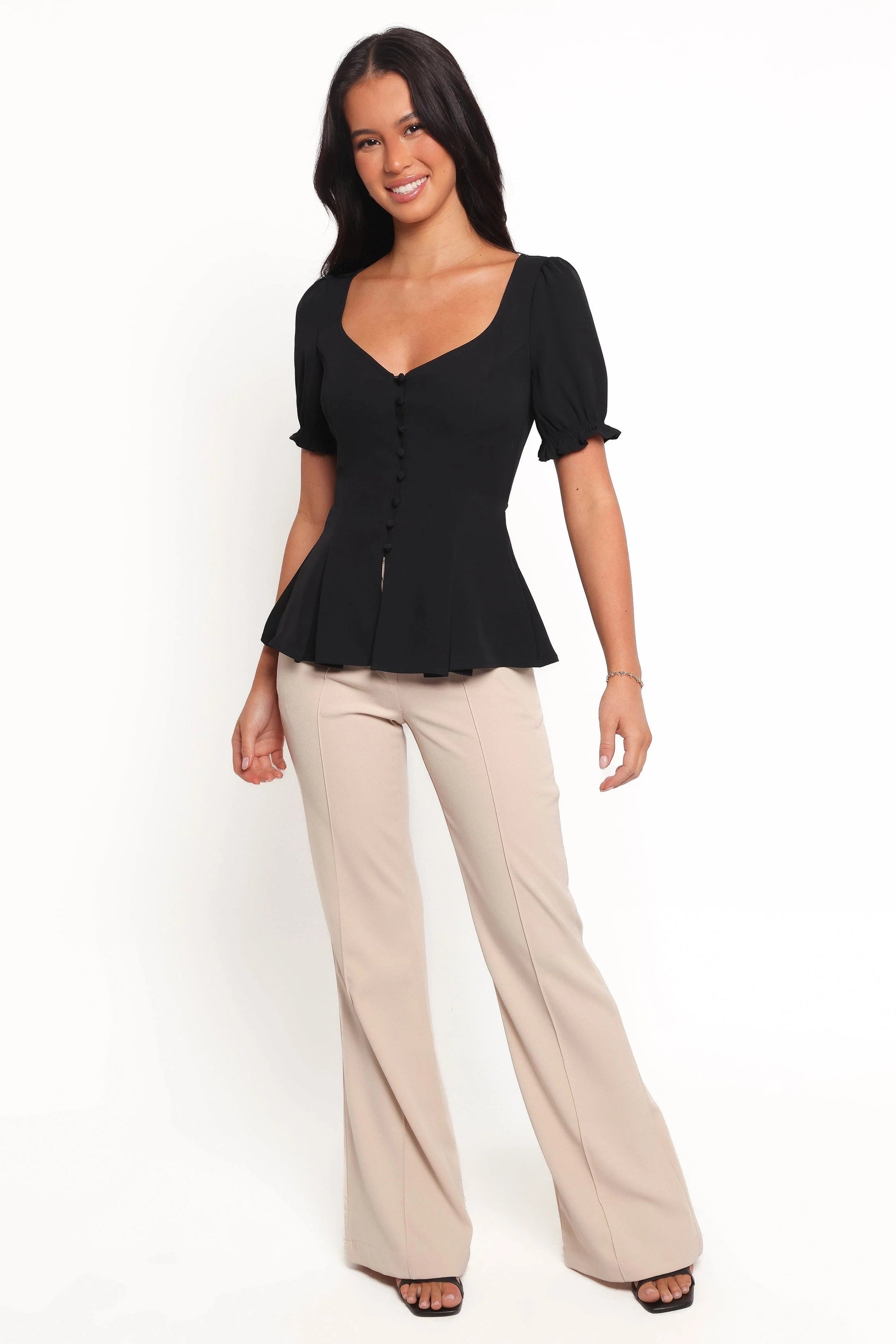 Peplum Pleat Button-Front Top