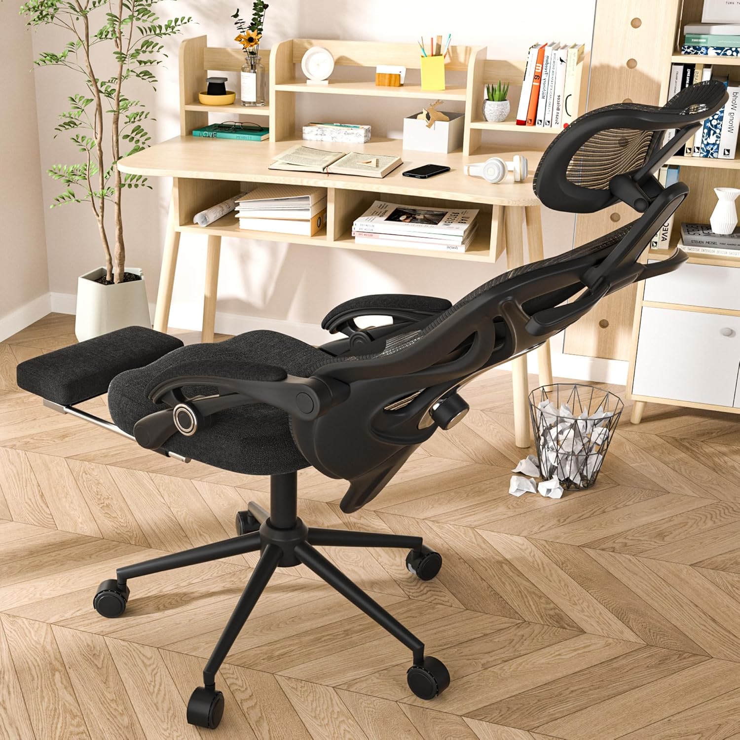 Ergonomic Office Chair - Adjustable Lumbar & Headrest, 90-160° Reclining with Footrest, Breathable Mesh Back - Home Office/Gaming Computer Chair (Black, 300lbs Capacity)