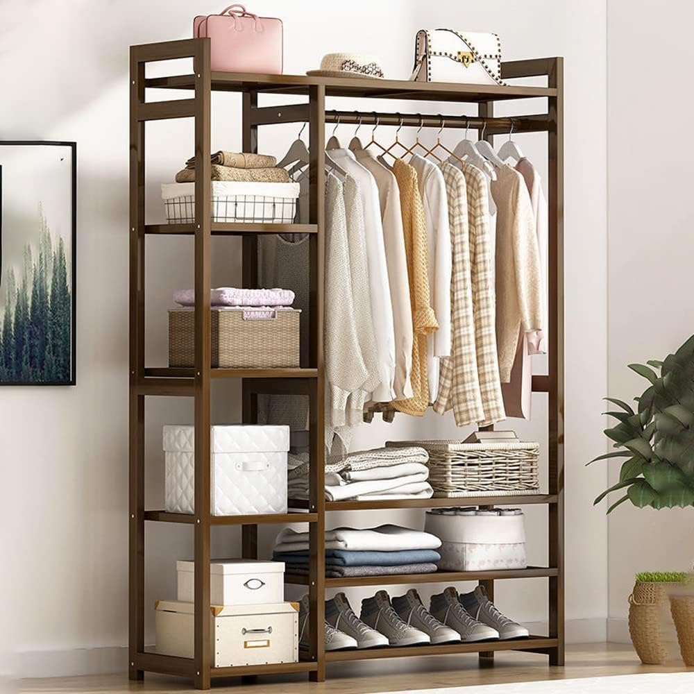 Floor-Standing Solid Wood Rotating Coat Rack，Portable Bamboo Clothes Rack - Versatile Closet Organizer with Storage Shelves and Compartments for Bedroom, Entryway, or Living Room - Stylish a