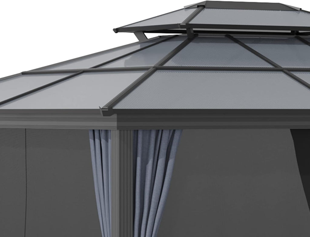 10 feet x 12 feet hard-top awning canopy, polycarbonate roof, aluminum frame, permanent outdoor awning, with net cover, suitable for patios, gardens, backyards, terraces, lawns, grasslands, light gray.