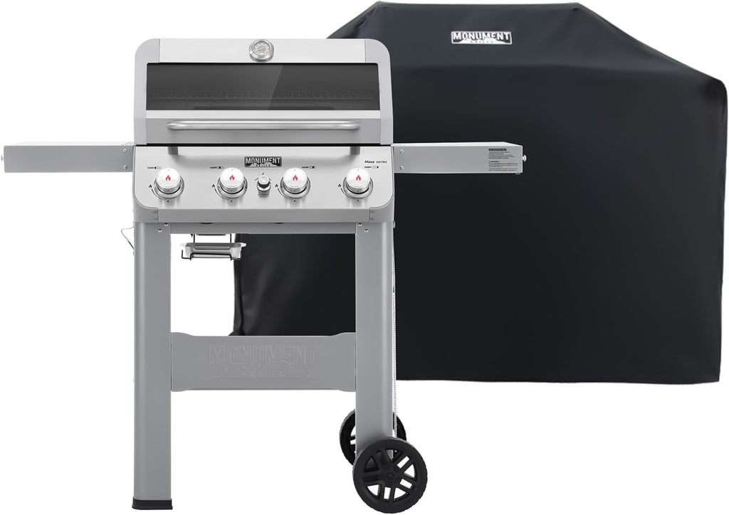 Grills 4-Burner Liquid Propane Gas Grill, Silver Stainless Steel Grill Outdoor Patio Garden Barbecue Grill with Clearview® Lid and One Foldable Shelf, Mesa400MF