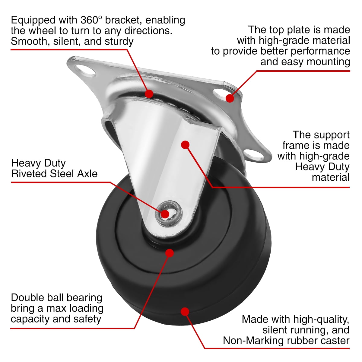 12 Pack 2′ Swivel Caster w/ brake Wheels Hard Rubber Base with Top Plate and Bearing