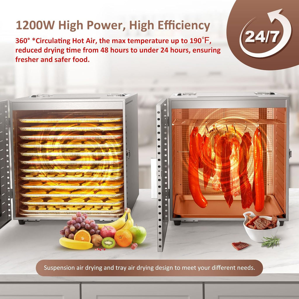 Commercial Large 12 Trays Food Dehydrator, Usable Area up to 22.67ft², 1200W Full Stainless Steel Dryer Machine, up to 190℉ Temperature, for Meat, Fruit, Veggies, Beef, Herbs, Pet Foods