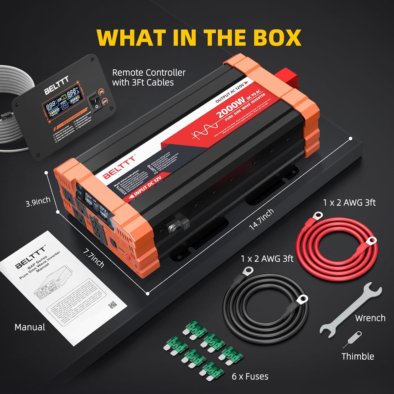 2000W Pure Sine Wave Inverter, Car Power Inverter 12V to 120V AC Converter for RV, Truck, Solar, Outdoor with Dual AC and 20A Socket, 5V 2.1A USB, Surge 4000W, Hardwire Port, Remote Controller