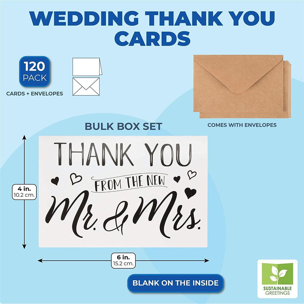 120 Pack Wedding Thank You Greeting Cards with Brown Envelopes (4×6 Inches)