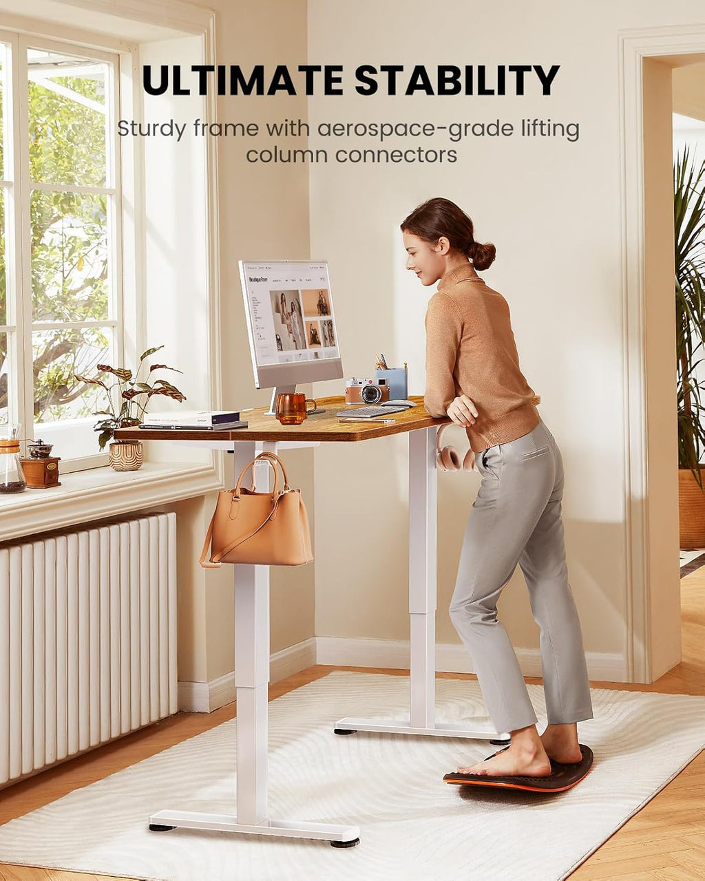 Height Adjustable Electric Standing Desk, 40 x 24 Inches Sit Stand up Desk, Small Memory Computer Home Office Desk with Two-Piece Desktop (Light Vintage Brown)