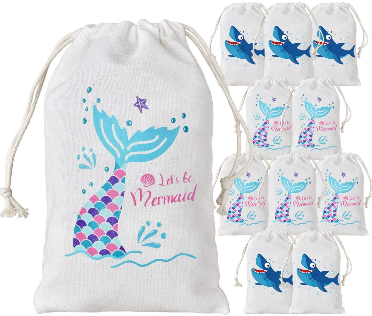 2 Pack Shark Mermaid Party Favor Bags Party Treat Candy Goodie Bags for Birthday Party Supplies 5 x 8 Inches
