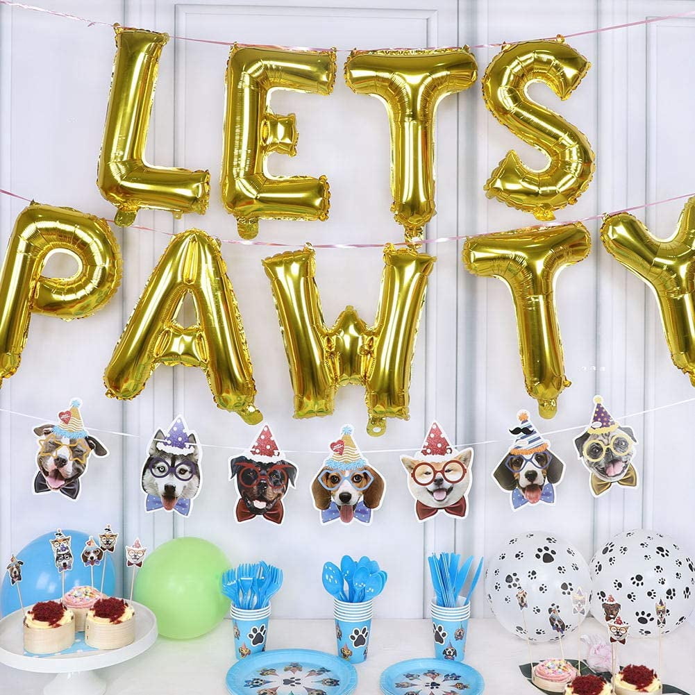 168 Pcs Dog Party Supplies Set Tableware Kit, Dog Birthday Banner Cupcake Toppers, Disposable Plates Cups Cutlery Napkins Balloons for Paw Puppy Kids Birthday