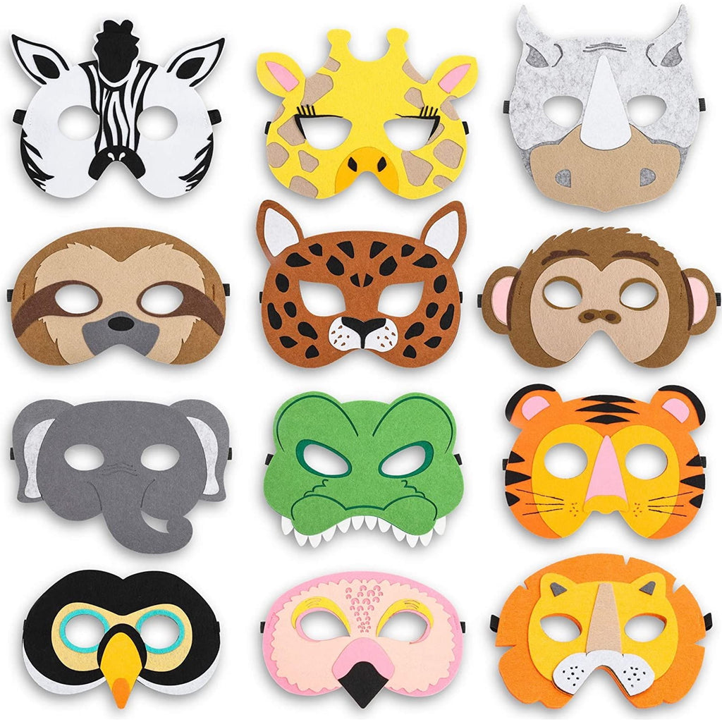 12-Pack Animal Party Felt Masks, Safari Jungle Theme for Kids Birthday Party Favors and Costume Dress Up, 12 Designs