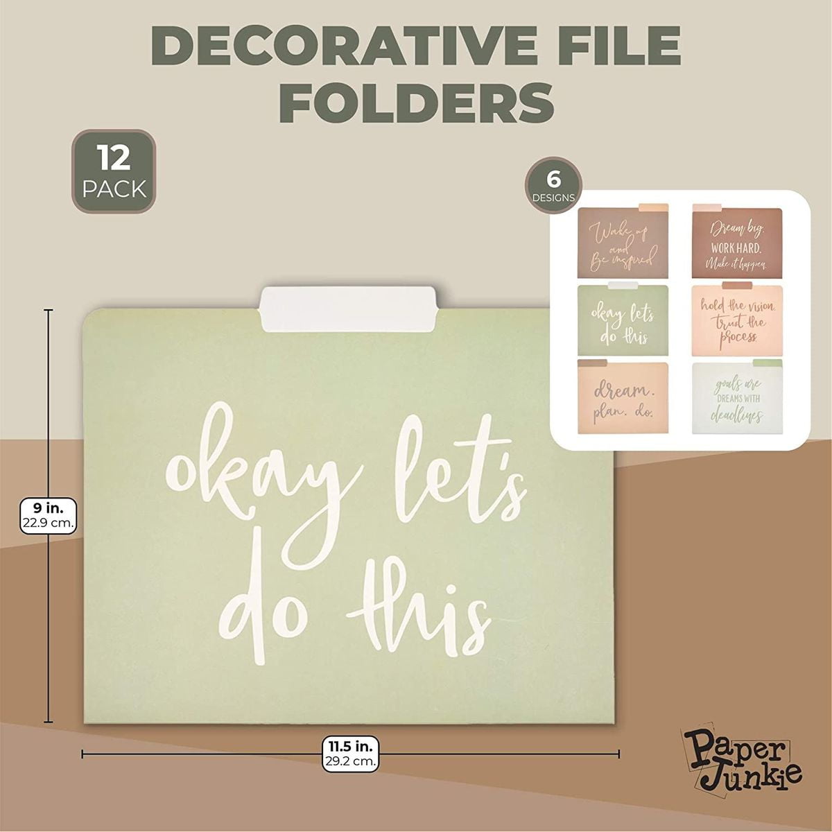 12 Pack Decorative File Folder System, 1/3 Cut Top Tab Pocket Holder Organizer, 6 Motivational Quotes Designs