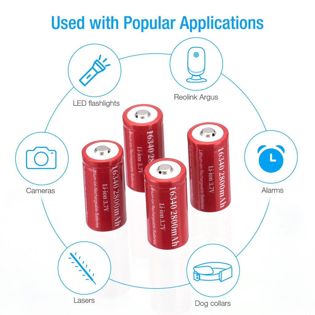 16-Pack 3.7V 2800mAh CR123A 16340 Li-Ion Rechargeable Batteries for Flashlight Camera