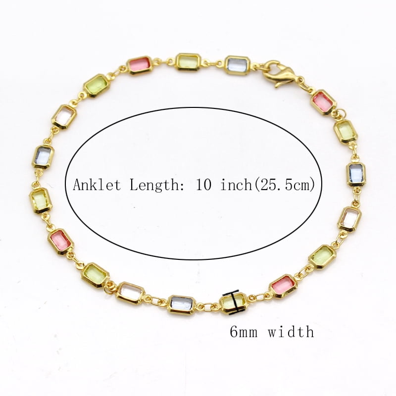 18K Gold Filled  Polish Finsh  Gold and Multi Color Light Color Crystal Baguette Anklet