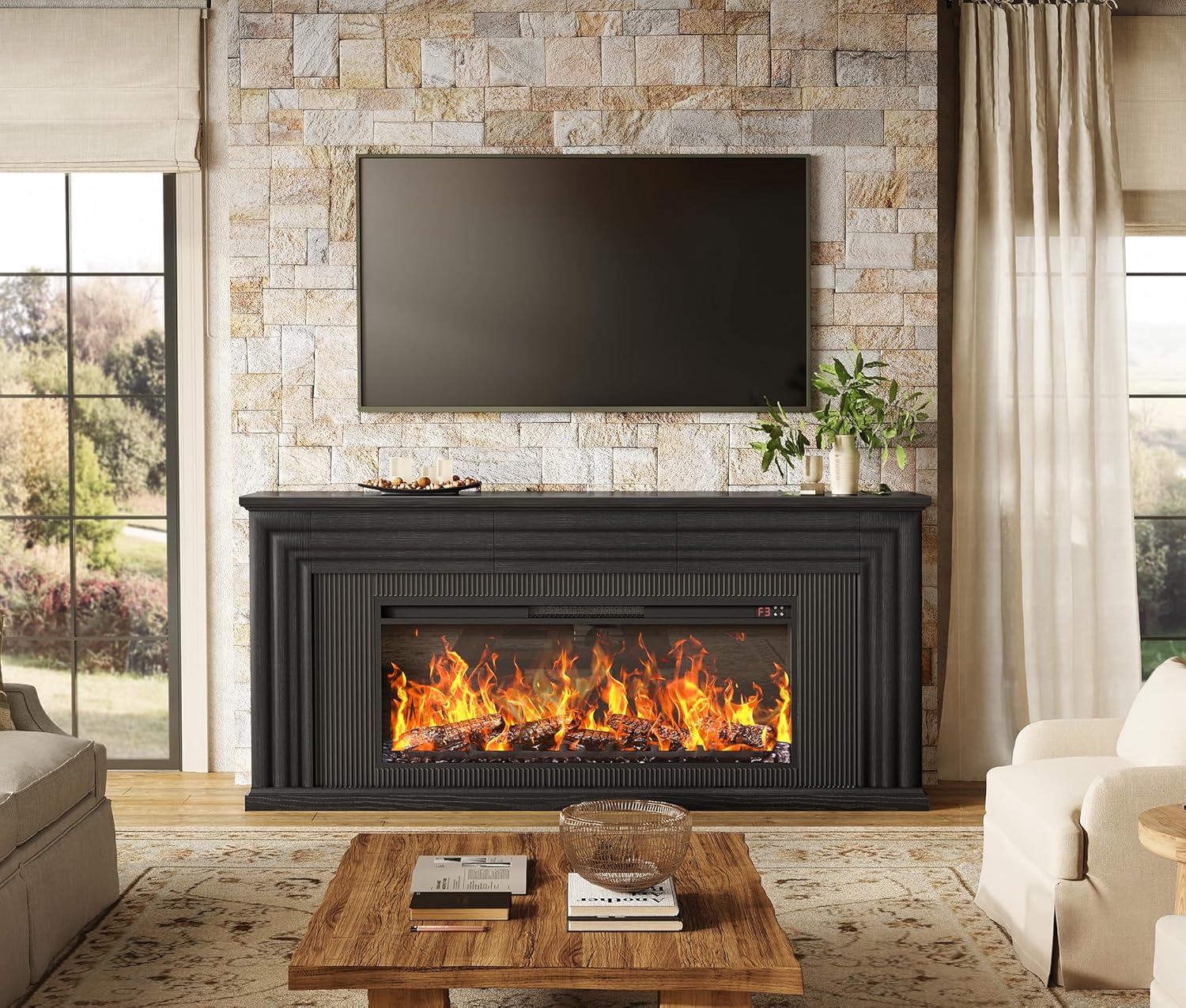 75-inch wall-mounted TV cabinet, rustic modern entertainment center with fireplace, 70-inch media cabinet with 3 drawers, featuring a recessed design, suitable for the living room, black version