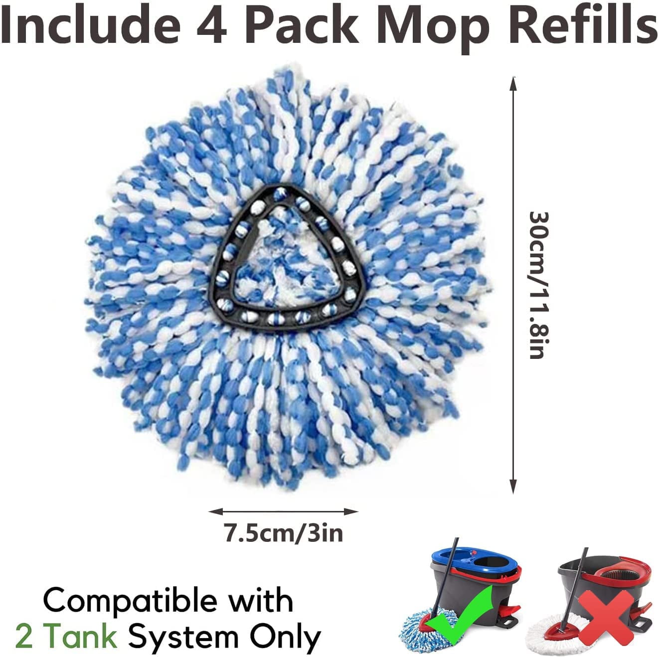 2 Pack Mop Head Refill, KZKR Microfiber Spin Mop Replacement Compatible with rinse clean 2-Tank System Mop Replace Refills