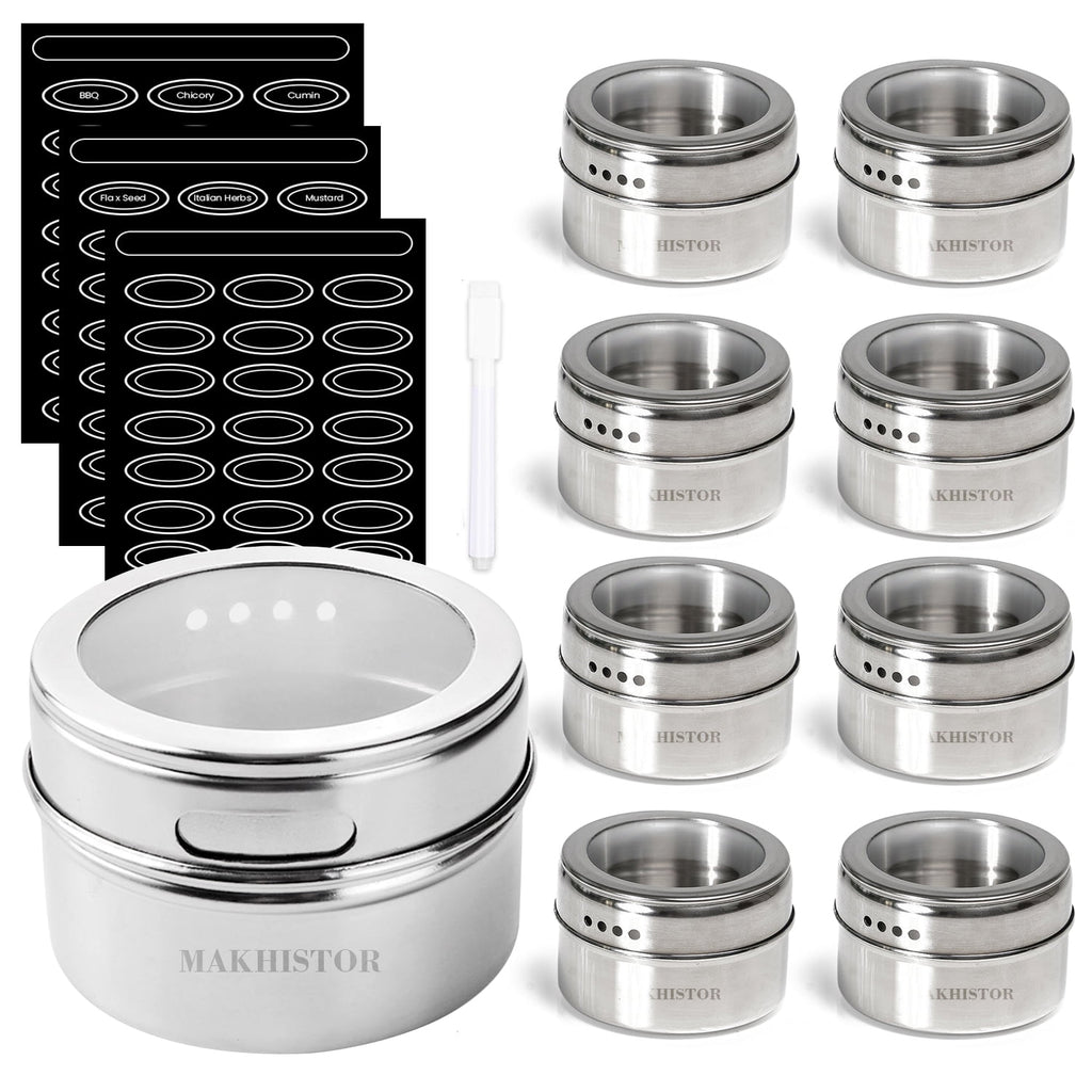 12 Pack Magnetic Spice Jars,Stainless Steel & Portable Spice Jars Storage Containers Set,96 Spice Labels & 24 Blank Labels, 1 PCS Marker Pen