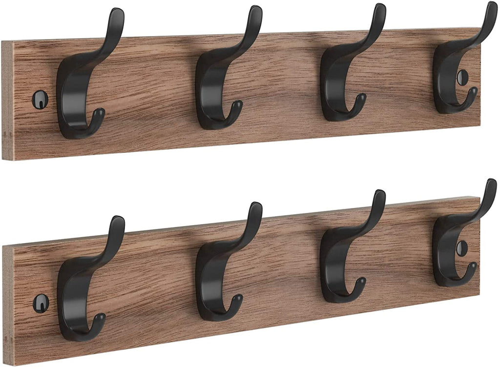 2 Packs 16′ Wall Mount Wooden Rustic Hook Rack Coat Rack Hook Board with 4 Metal Hooks for Wall Organizer,Brown