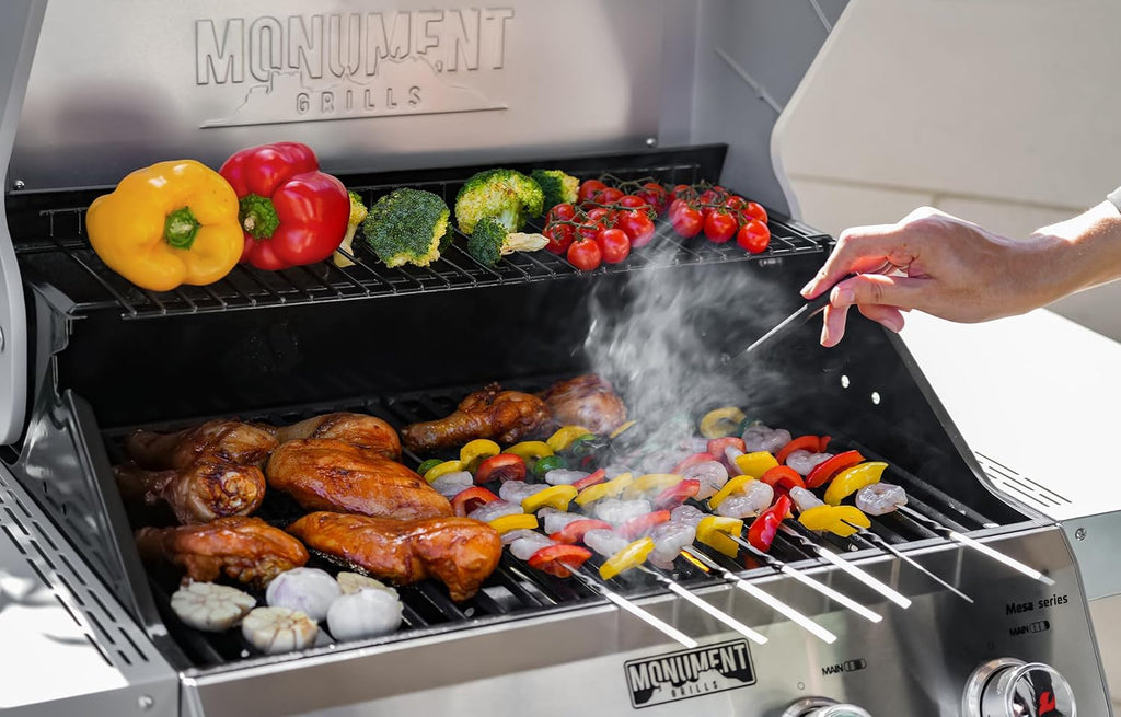 Grills 4-Burner Liquid Propane Gas Grill, Silver Stainless Steel Grill Outdoor Patio Garden Barbecue Grill with Clearview® Lid and One Foldable Shelf, Mesa400MF
