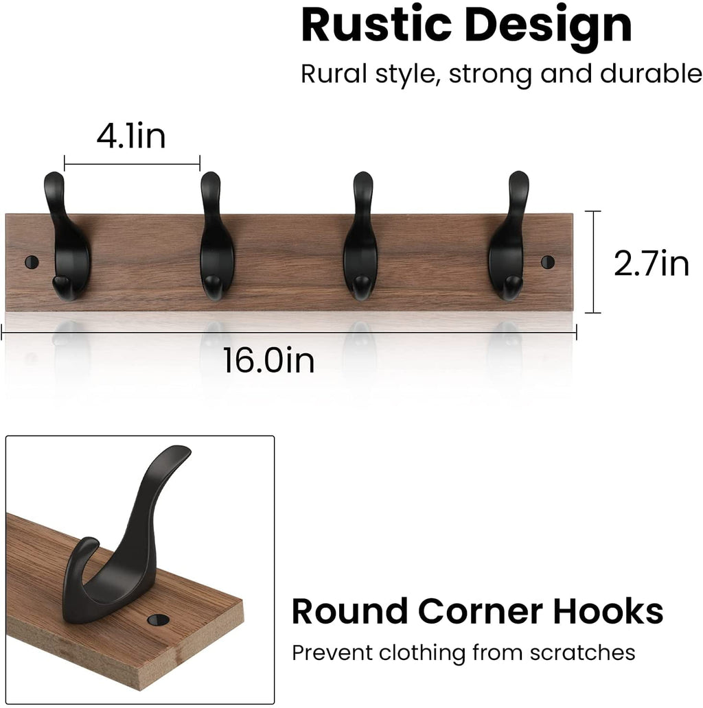 2 Packs 16′ Wall Mount Wooden Rustic Hook Rack Coat Rack Hook Board with 4 Metal Hooks for Wall Organizer,Brown