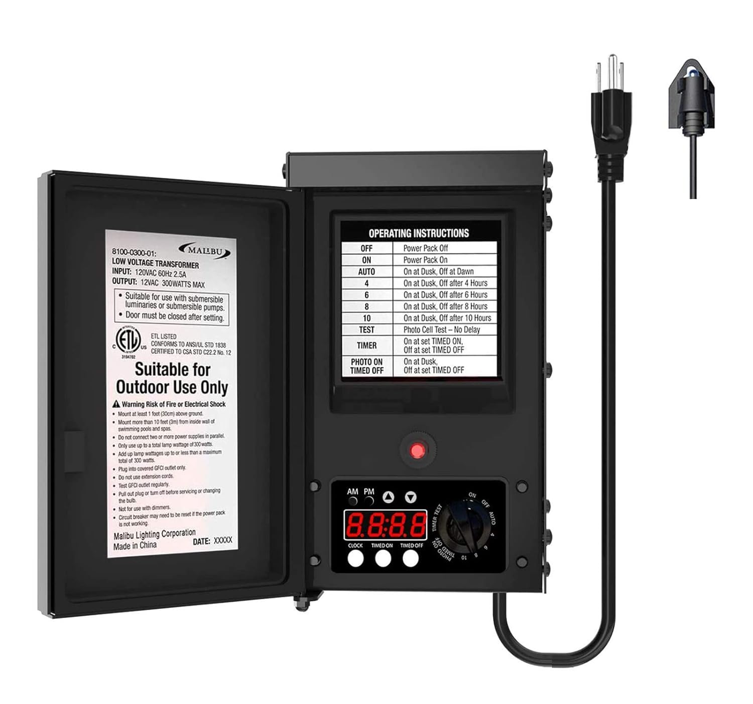 600W low-voltage transformer, outdoor landscape lighting transformer, 120V AC to 12V AC conversion, equipped with sensor and rain cover, suitable for garden LED lighting, spotlights, sidewalk lights