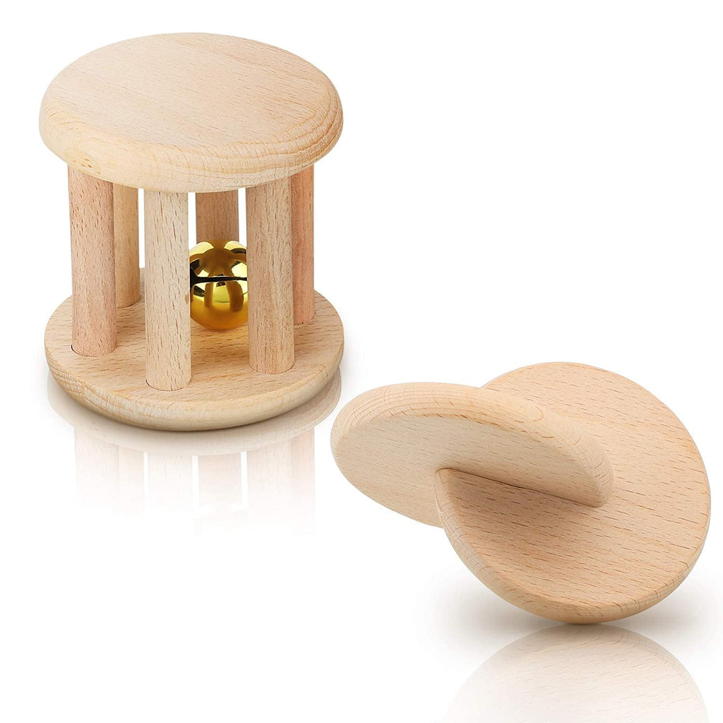 2 Pieces Wooden Rattle Wood Interlocking Discs Montessori Toys Wooden Teether Toys Wooden Rattle with Bell Nice Gift for Baby Boys and Girls Birthday Party Favor