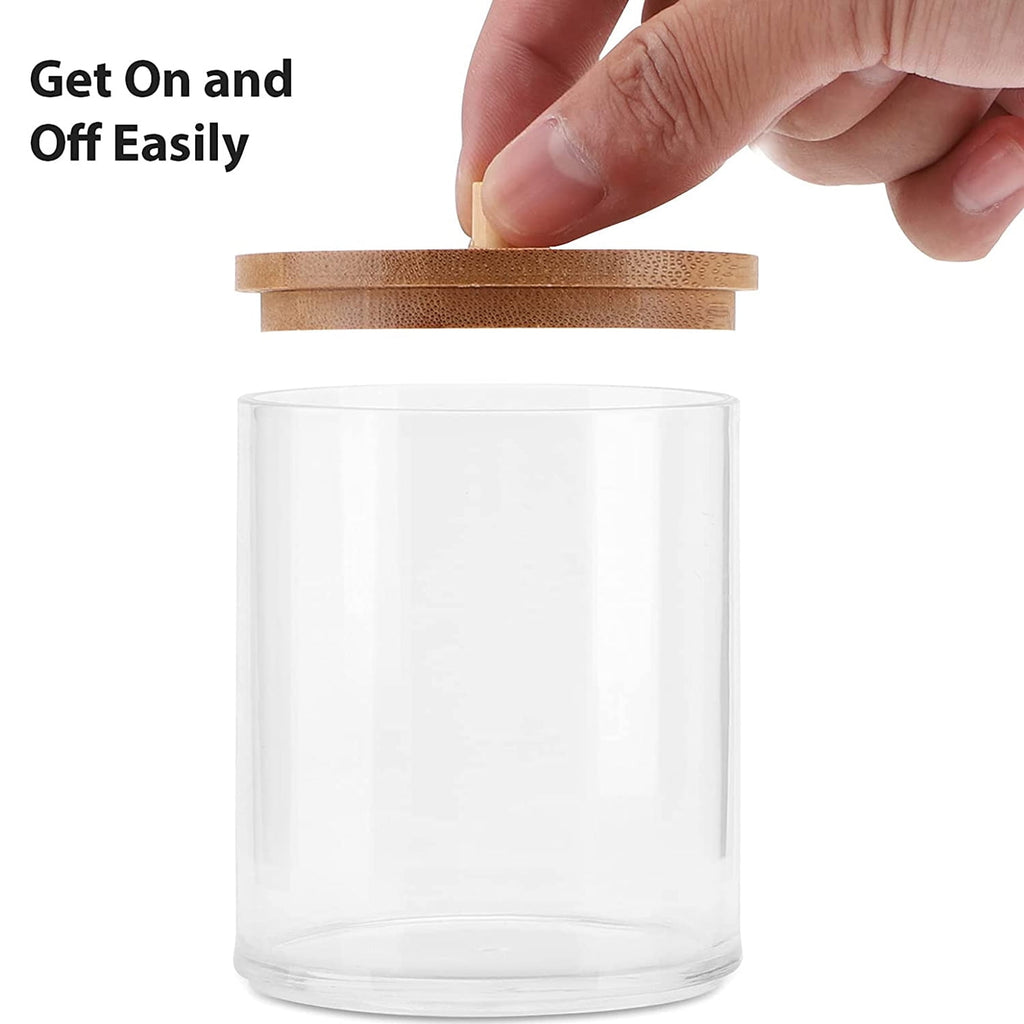 2 PCS Acrylic Qtip Holder Dispenser Bathroom Jars with Bamboo Lids, Cotton Ball Pad Round Swab Holder for Bathroom Accessories Storage Organizer