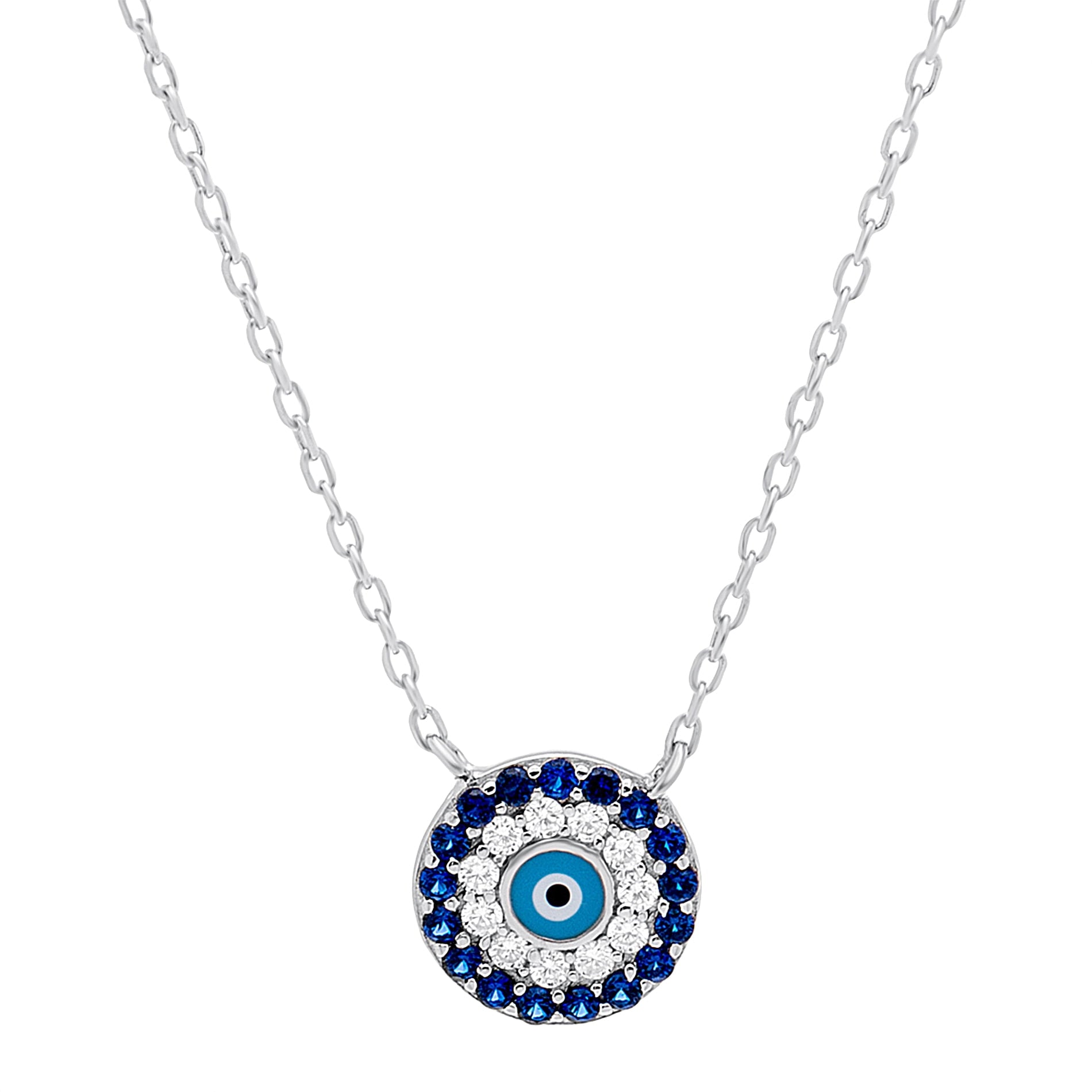 18K White Gold Sterling Silver CZ Royal Blue Light Blue Round Evil Eye Necklace