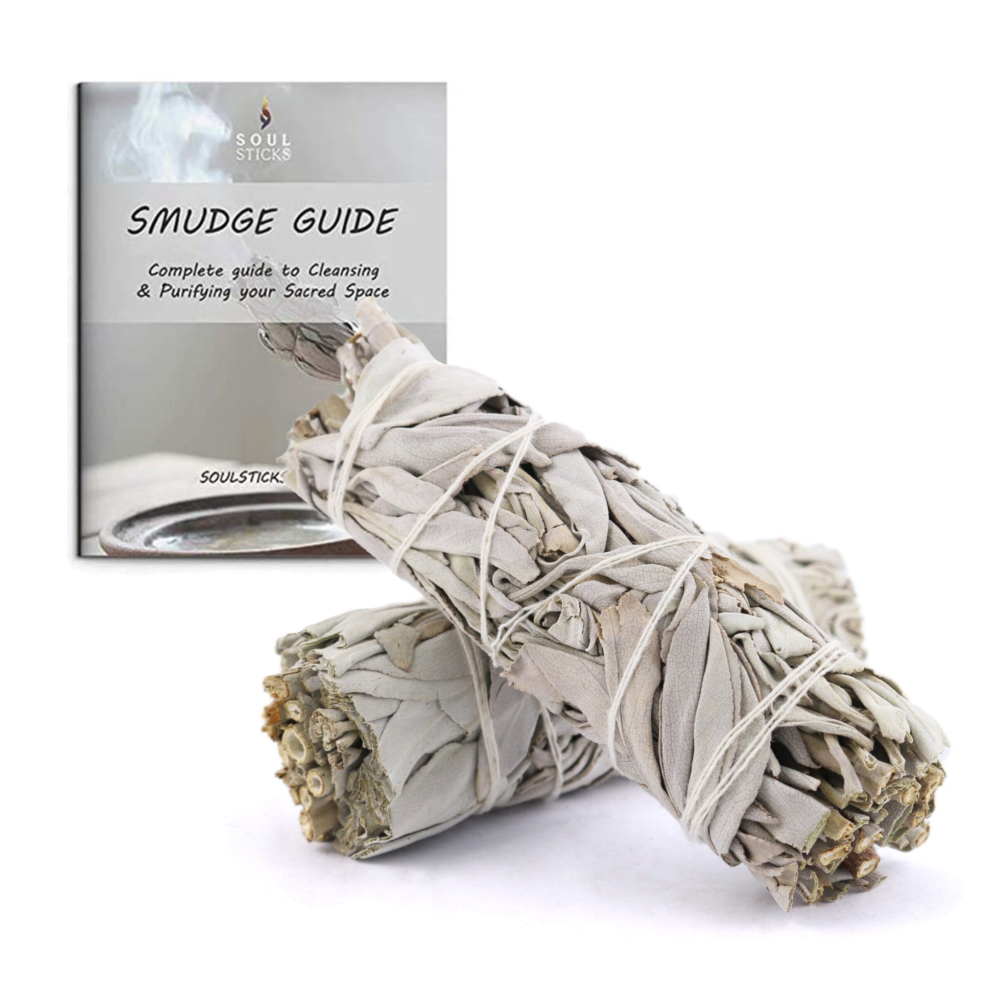 2 Pack Organic California Grown White Sage Bundles & Smudge Guide for Smudging, Cleansing, Meditation, Purification (Essential Sages, White Sage)