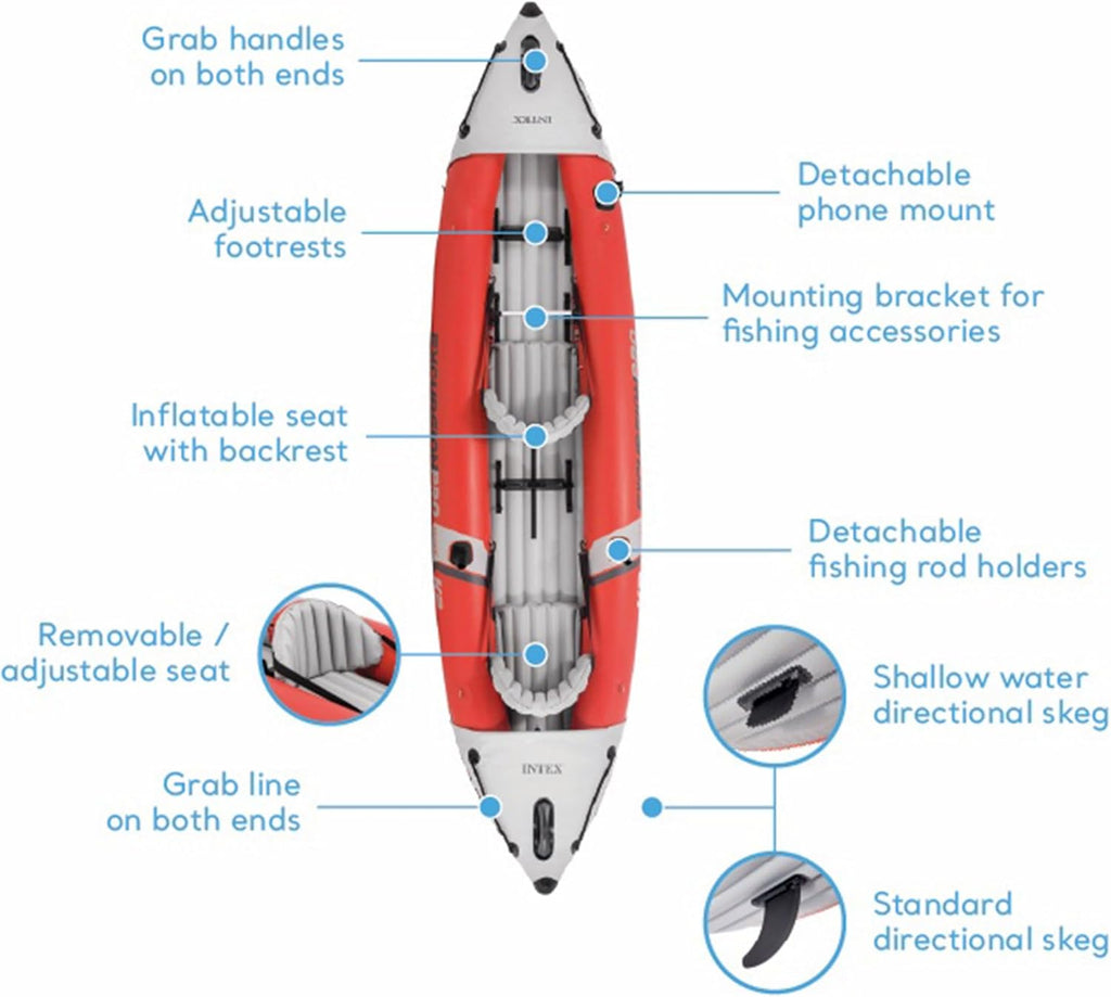 68309EP Excursion Pro K2 Inflatable Kayak Set: Includes Deluxe 86in Kayak Paddles and High-Output Pump – SuperTough PVC – Adjustable Bucket Seat – 2-Person – 400lb Weight Capacity