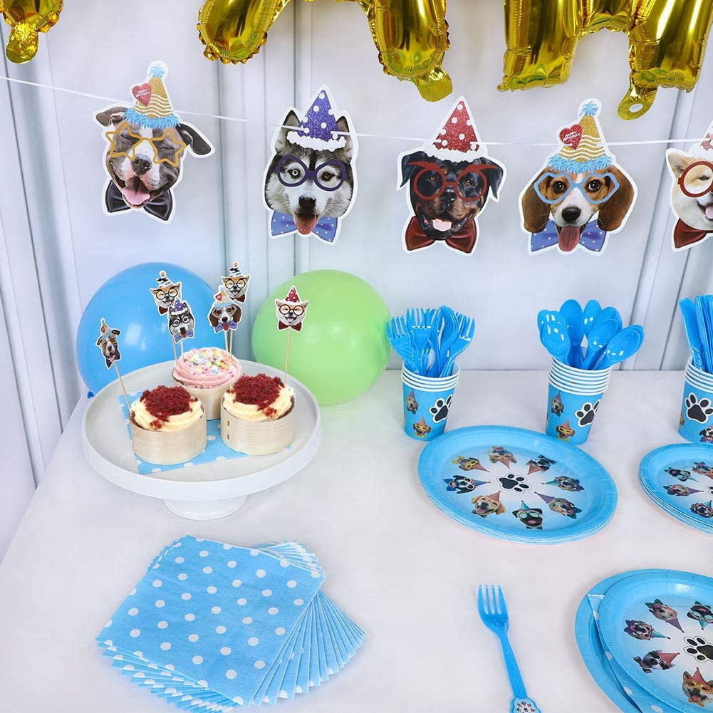 168 Pcs Dog Party Supplies Set Tableware Kit, Dog Birthday Banner Cupcake Toppers, Disposable Plates Cups Cutlery Napkins Balloons for Paw Puppy Kids Birthday