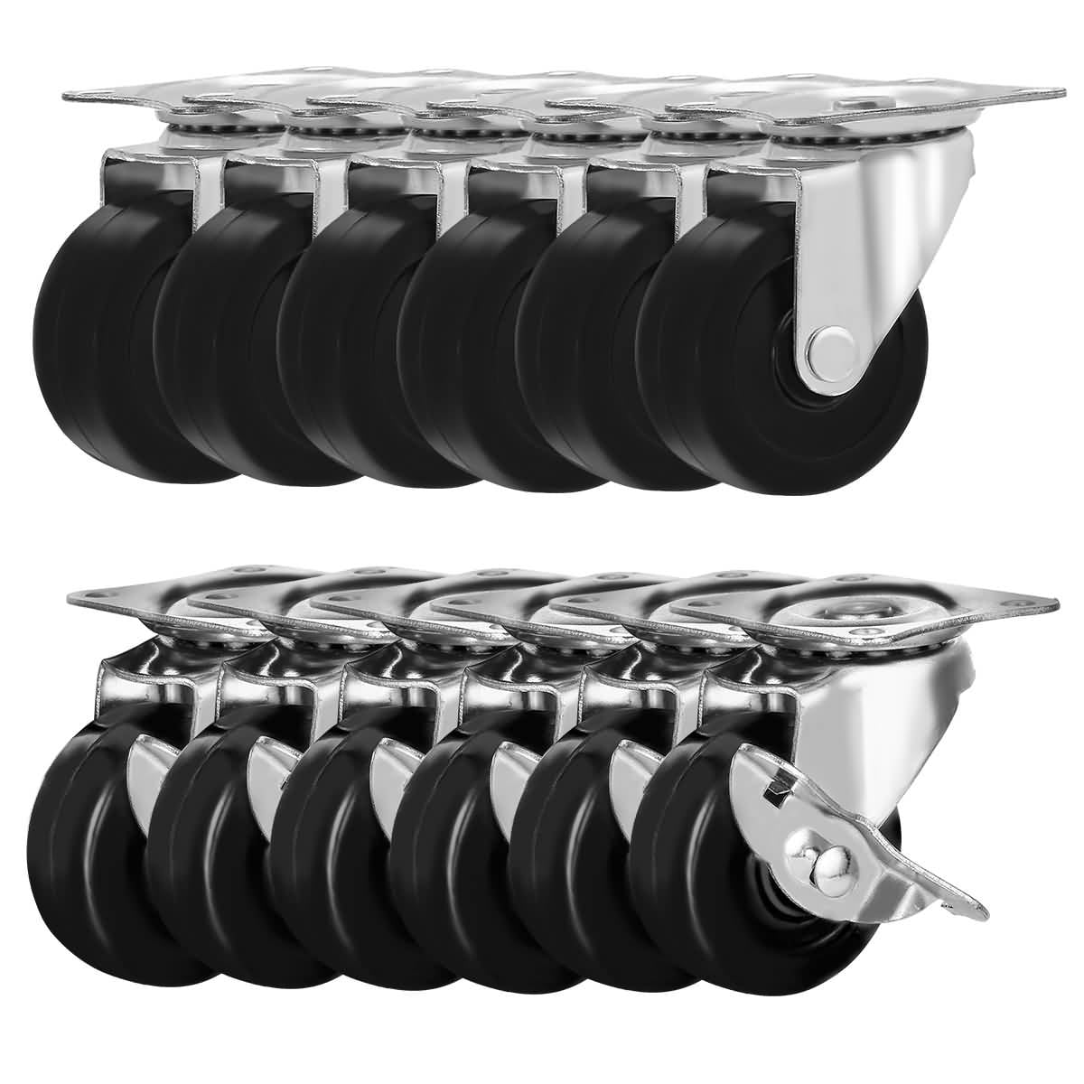 12 Pack 2′ Swivel Caster w/ brake Wheels Hard Rubber Base with Top Plate and Bearing