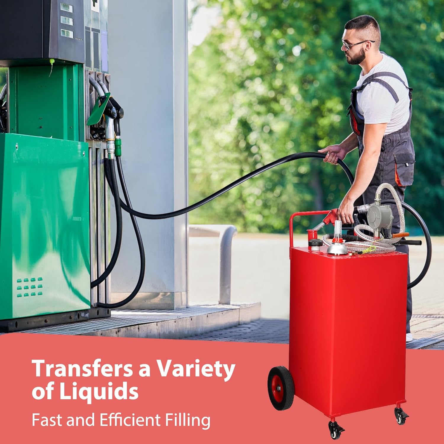 30 Gallon Fuel Caddy, Fuel Tank with Manual Transfer Pump for Gasoline & Diesel, Durable 4-Wheel Design, Mobile Fuel Storage for Cars, Trucks, Boats, Lawn Mowers, Red