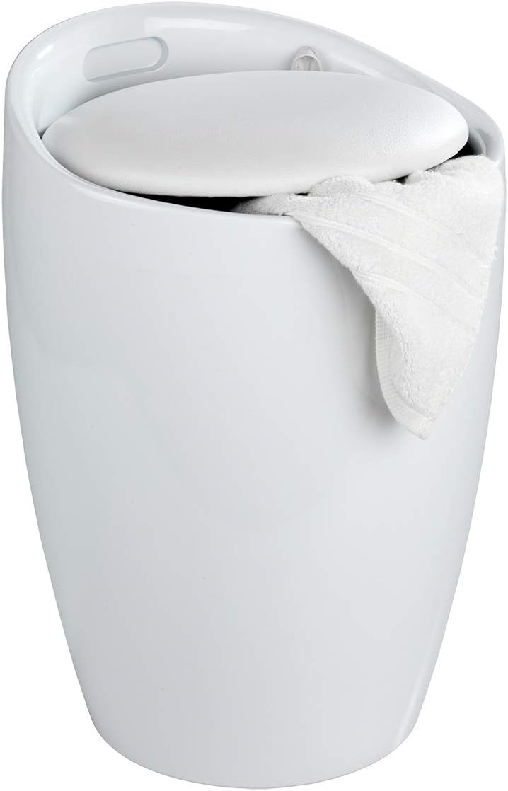 Bathroom stool with laundry basket, storage stool with soft padded seat, white stool for laundry sorting and storage, size 14.2 x 19.9 x 14.2 inches, white, 1-piece set