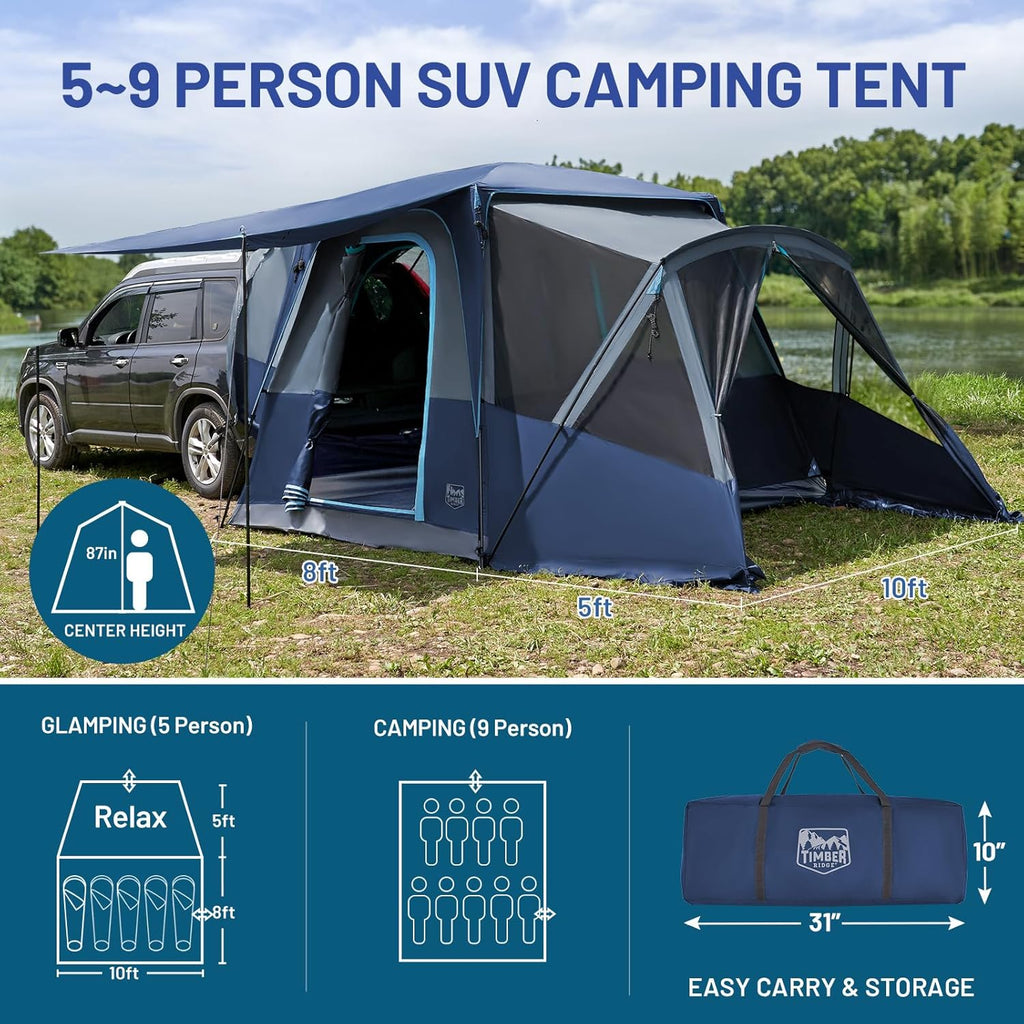5-9 Person SUV Tent with Screen Porch and Awning for Family Camping, Weather Resistant and Portable Van or Car Tent, Includes Rainfly and Storage Bag, 13' W X 10' L X 7.1' H