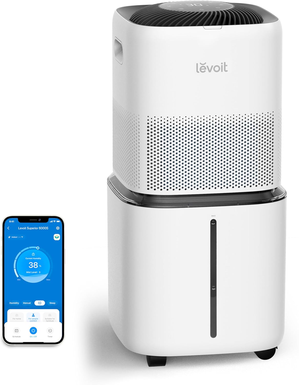 Intelligent evaporative humidifier, suitable for the entire home, with a coverage area of up to 3000 square feet, a capacity of 6 gallons, capable of continuous use for 72 hours, equipped with high-quality filters, featuring a dry mode, equipped with