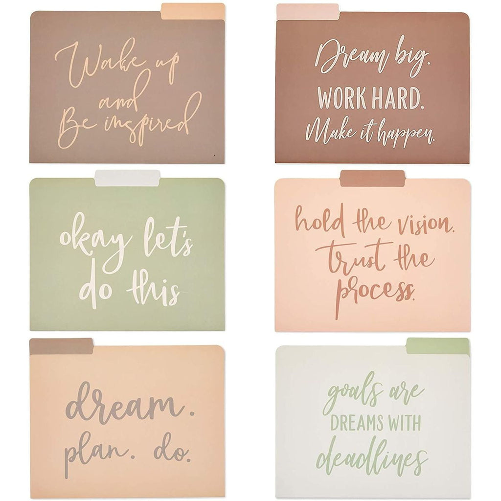 12 Pack Decorative File Folder System, 1/3 Cut Top Tab Pocket Holder Organizer, 6 Motivational Quotes Designs