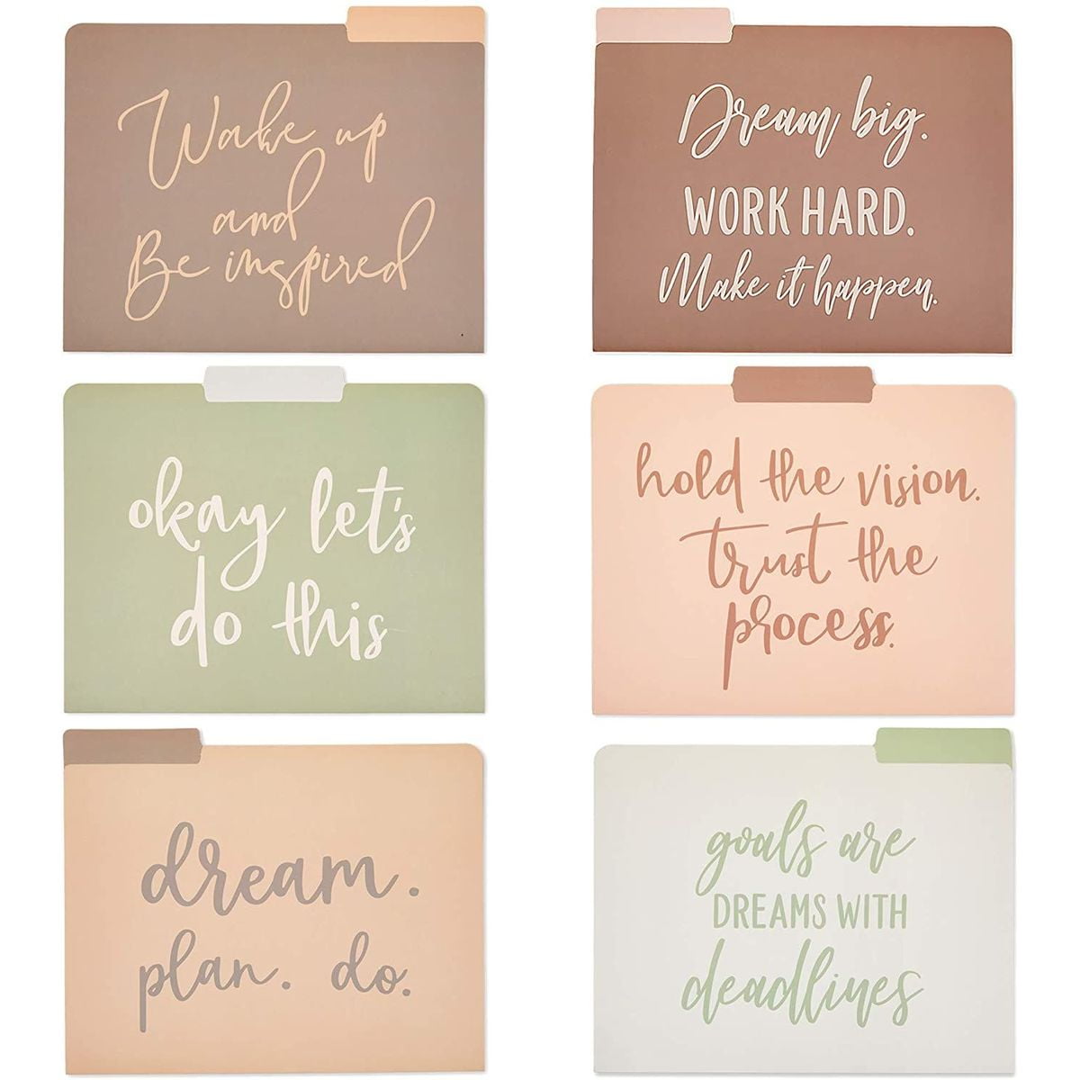 12 Pack Decorative File Folder System, 1/3 Cut Top Tab Pocket Holder Organizer, 6 Motivational Quotes Designs