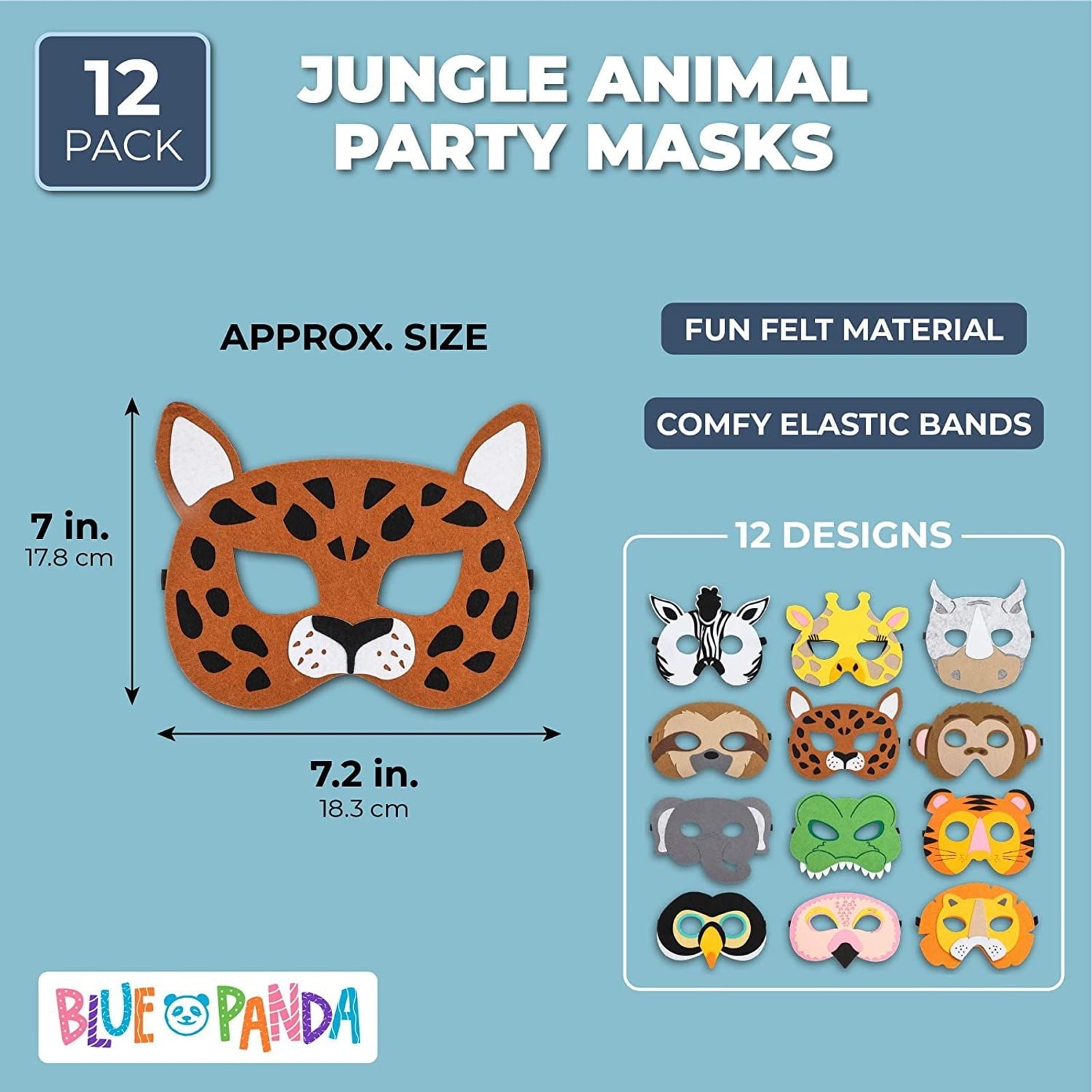 12-Pack Animal Party Felt Masks, Safari Jungle Theme for Kids Birthday Party Favors and Costume Dress Up, 12 Designs