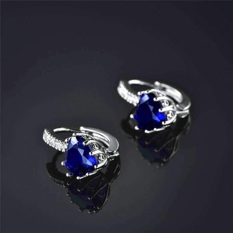 18K White Gold Plated Heart Shaped Midnight Blue Diamond CZ Solitaire Hoop Earrings For Woman