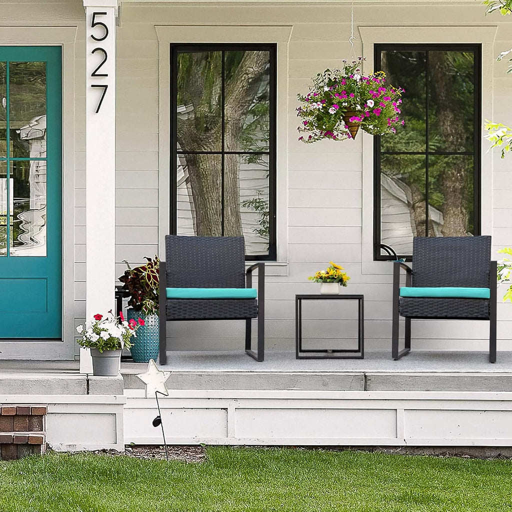 3 Pieces Patio Set Outdoor Wicker Furniture Sets Modern Rattan Chair Conversation Sets with Coffee Table for Yard and Bistro (Black)