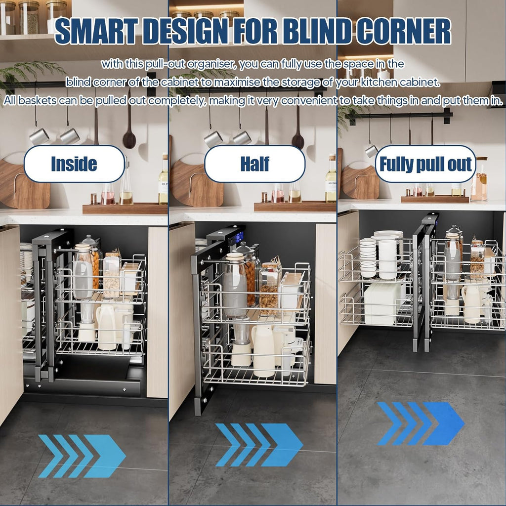 36" Blind Corner Pull Out Organizer,2 Tier 4 Shelf Kitchen Cabinet Organizer, Chrome Carbon Steel Storage Basket, Left Open & Right Open Compatible,for Blind Corner Kitchen or Bathroom Cabinet