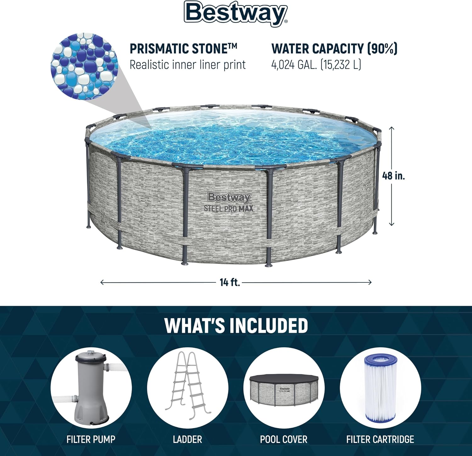 Above Ground Swimming Pool w/ Pump, Cover, & Ladder, 14' x 48", Steel Pro MAX, Gray - Backyard Outdoor Round Pool w/ Filter, 42-Inch Deep Water