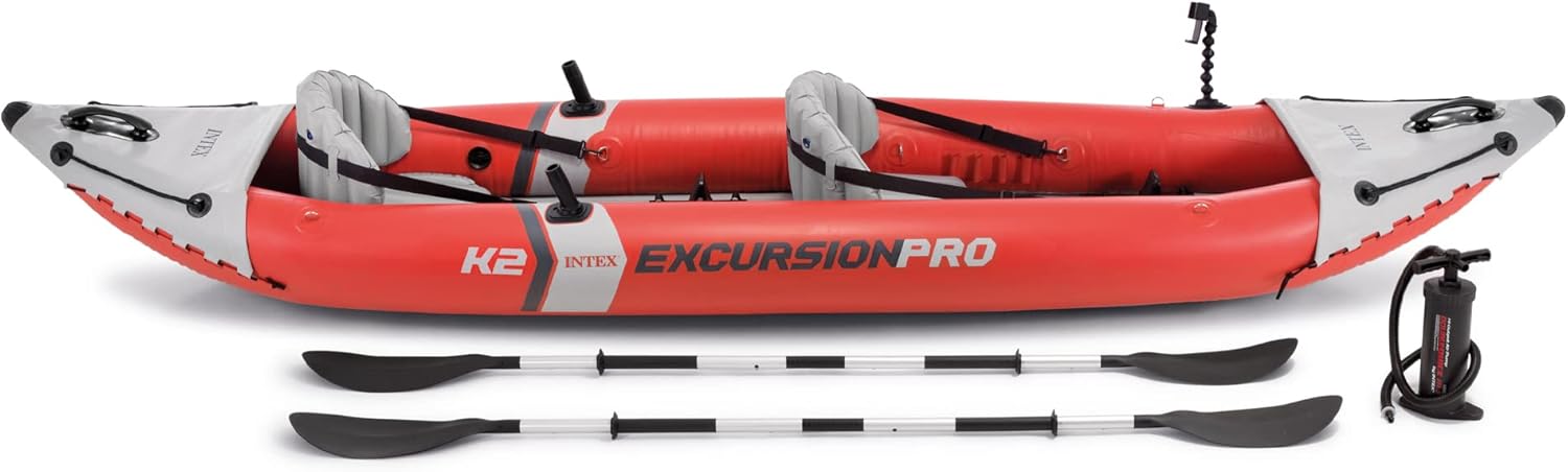 68309EP Excursion Pro K2 Inflatable Kayak Set: Includes Deluxe 86in Kayak Paddles and High-Output Pump – SuperTough PVC – Adjustable Bucket Seat – 2-Person – 400lb Weight Capacity