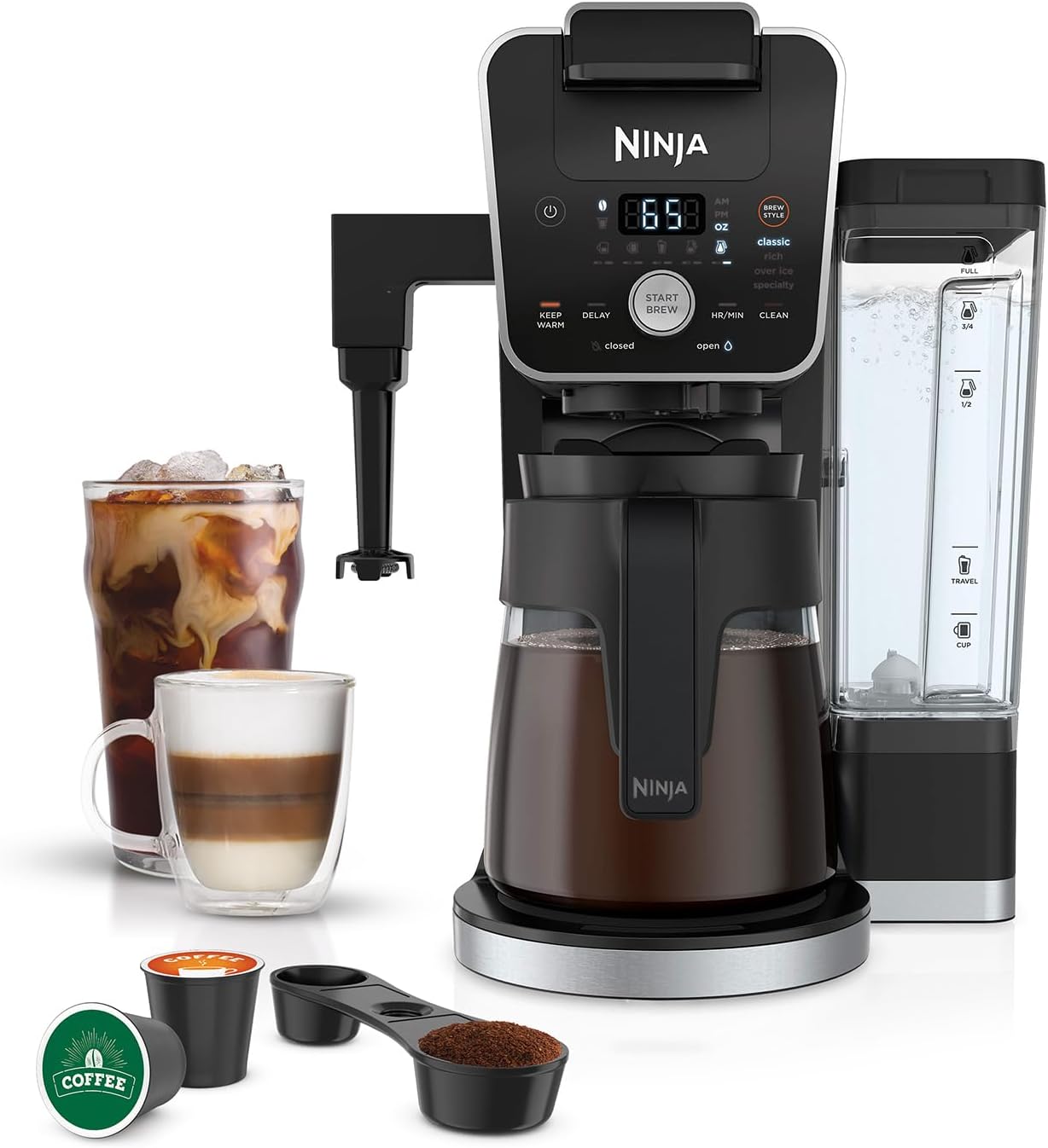 Coffee Machine | Dual Brewing Single-Port System | 4 Brewing Modes | Keep-Warm Function and Built-in Foaming Device | 14 Glass Filters and Removable 70-Ounce Water Tank | Black