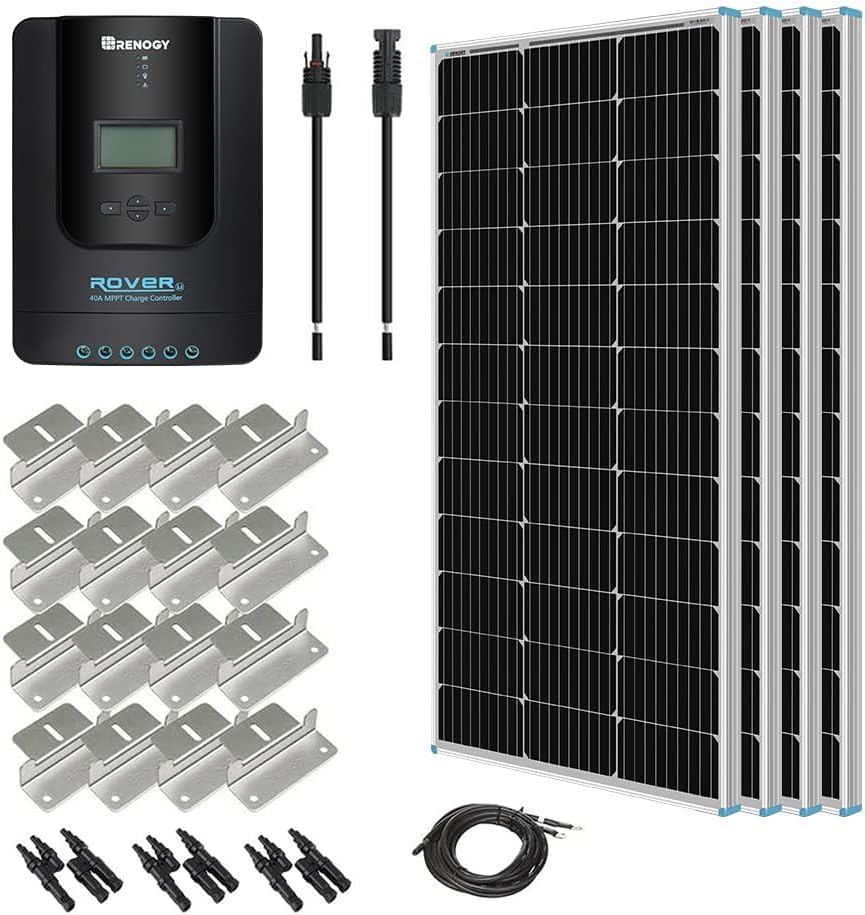 400 Watt 12 Volt Premium 4 Pcs 100W Panel+40A MPPT Charge Controller+ Bluetooth Module Fuse+ Mounting Z Brackets+Adaptor Kit +Tray Cables Set, 400W, Grid 12V Solar Power System