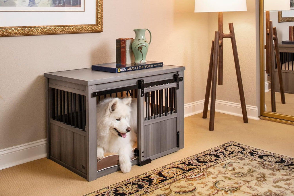 Farm sliding cowshed door furniture-style dog cage - antique white, large size. Unique style, durable and sturdy. Removable seat cushion. Easy to assemble.