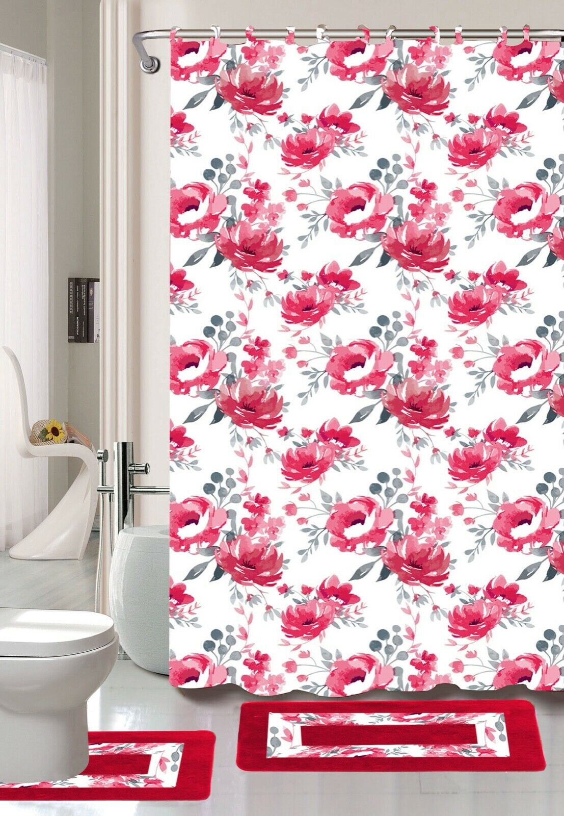 15-pc camellia burgundy high quality jacquard bathroom bath rug set washable anti slip rug 17’x28′ contour mat 17’x17′ with non-skid rubber back and shower curtain 12 rings covered