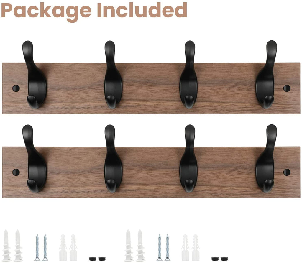 2 Packs 16′ Wall Mount Wooden Rustic Hook Rack Coat Rack Hook Board with 4 Metal Hooks for Wall Organizer,Brown
